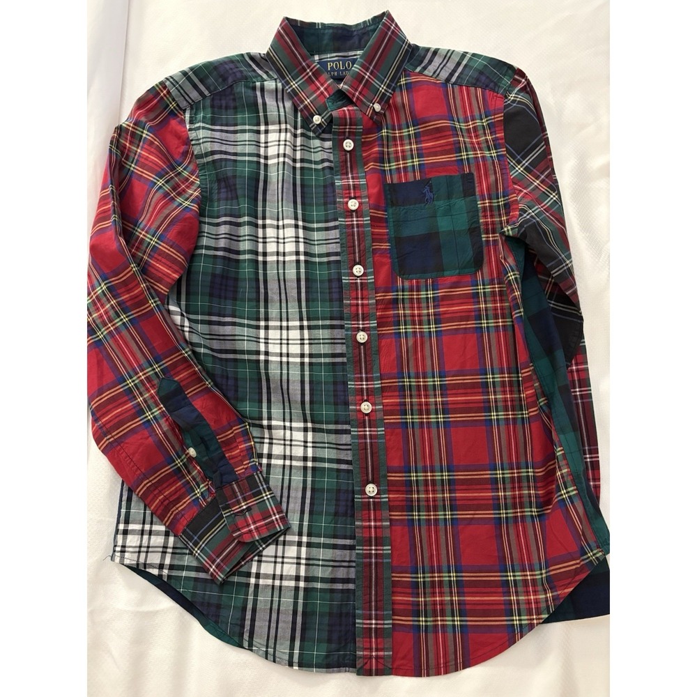 Polo Ralph Lauren Kids Boys M 10-12 Patchwork Plaid Button Up Holiday Red Green